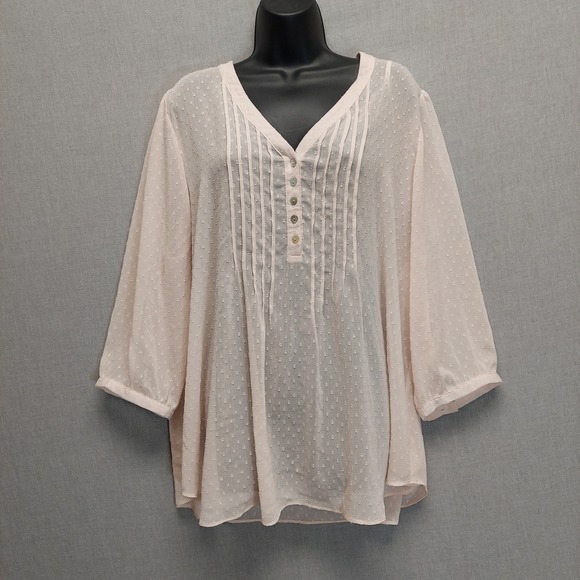 Rose + Olive Tops - Rose + Olive Pink Swiss Dot‎ Blouse 2X Pintuck Boho Top Semi Sheer 3/4 Sleeve